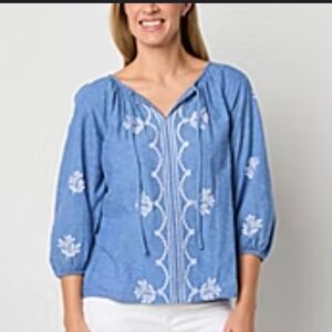 St. John's Bay Chambray Cotton Linen Embroidered Long Sleeve Blouse XL NWT